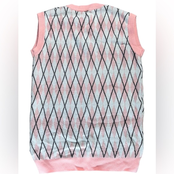 SHEIN Qutie Contrasting Colors Argyle Print Round Neck Tight Pink Tank Top - Picture 2 of 10